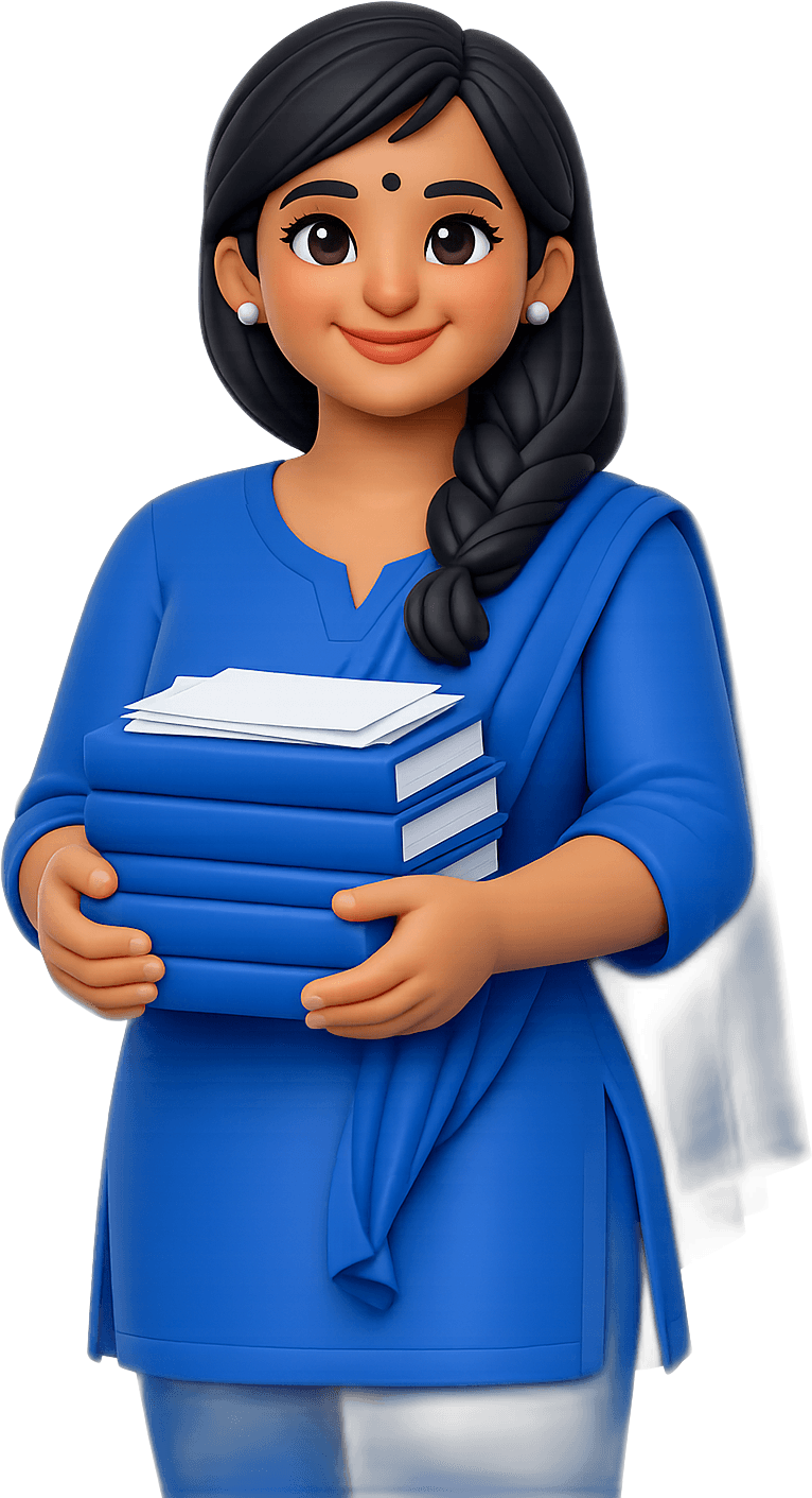 A coaching-institute teacher holding books and papers