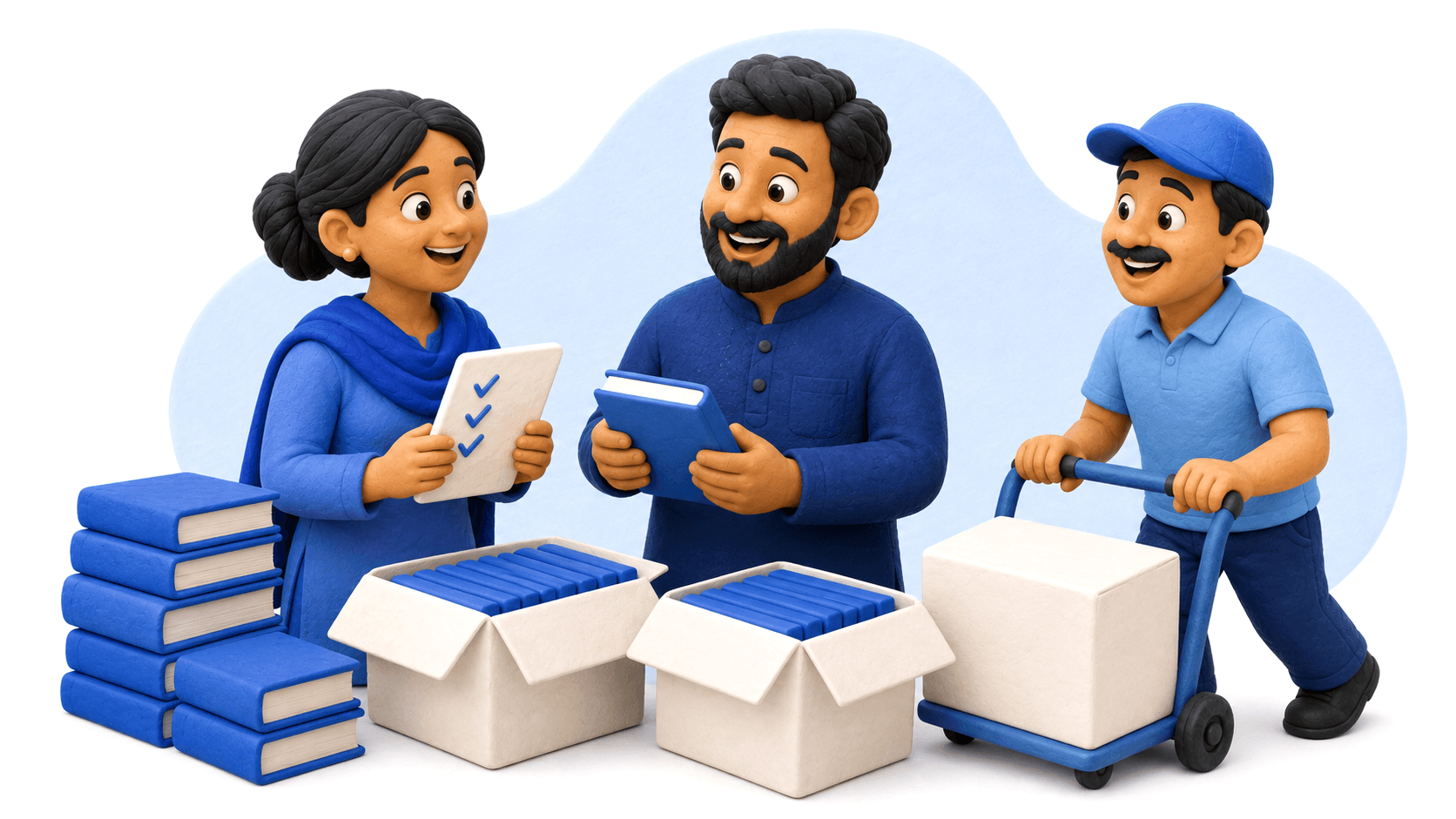 A school coordinator and bookseller receiving cartons of Studymaxx books