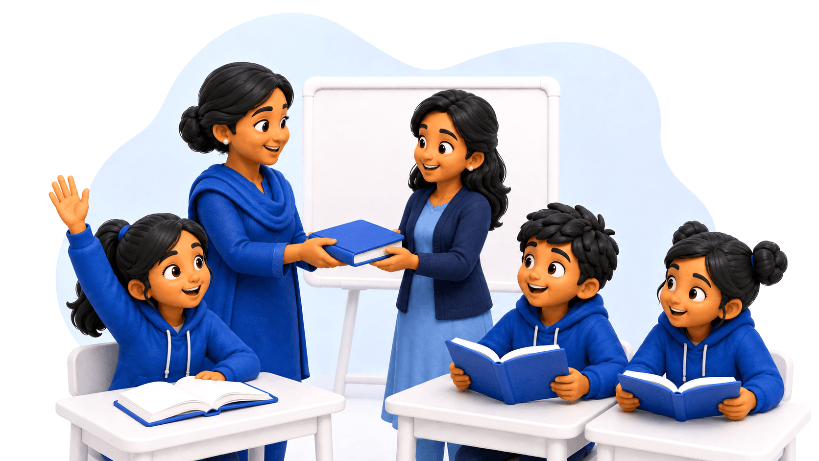 A principal handing a Studymaxx book to a teacher while students read in class